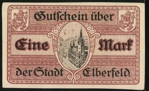 Notgeld Elberfeld, 1918, Eine Mark, Stadt Elberfeld Gutschein Nr. A 6747, beidseitig bedruckt