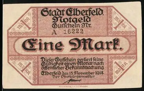 Notgeld Elberfeld 1918, 1 Mark, Gutschein der Stadt Elberfeld mit Stadtmotiv und Wappen, Seriennummer A16223