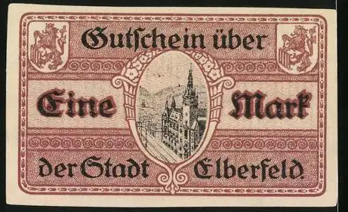 Notgeld Elberfeld 1918, 1 Mark, Gutschein der Stadt Elberfeld mit Stadtmotiv und Wappen, Seriennummer A16223