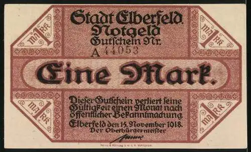 Notgeld Elberfeld, 1918, Eine Mark, Gutschein der Stadt Elberfeld, Serie A Nr. 14053