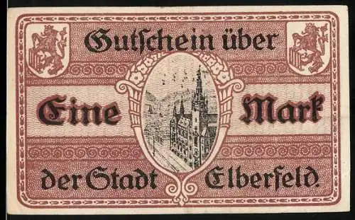 Notgeld Elberfeld 1918, Eine Mark, Gutschein der Stadt mit Stadtansicht und Löwenwappen