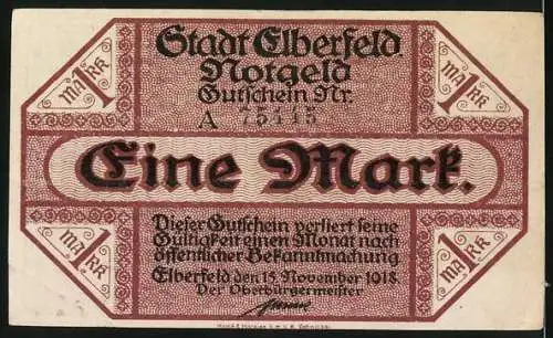 Notgeld Elberfeld 1918, Eine Mark, Gutschein der Stadt mit Stadtansicht und Löwenwappen