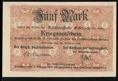 Notgeld Eisenach 1918, 5 Mark, Kriegsnotgeldschein mit Stadtwappen und Seriennummer 40210