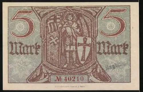 Notgeld Eisenach 1918, 5 Mark, Kriegsnotgeldschein mit Stadtwappen und Seriennummer 40210