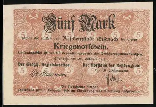 Notgeld Eisenach, 1918, 5 Mark, Kriegsnotgeldschein der Residenzstadt Eisenach mit rotem Muster und Seriennummer 42478