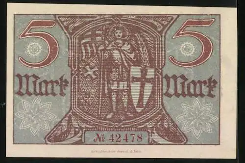 Notgeld Eisenach, 1918, 5 Mark, Kriegsnotgeldschein der Residenzstadt Eisenach mit rotem Muster und Seriennummer 42478