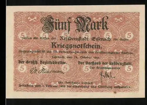 Notgeld Eisenach 1918, 5 Mark, Kriegsnotgeldschein mit Wappen und Signaturen