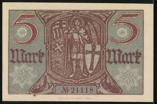 Notgeld Eisenach 1918, 5 Mark, Kriegsnotgeldschein mit Wappen und Signaturen