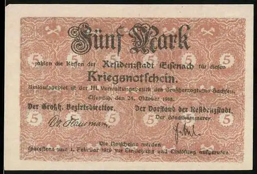 Notgeld Eisenach 1918, 5 Mark, Kriegsnotgeld mit Ritterabbildung und Siegel