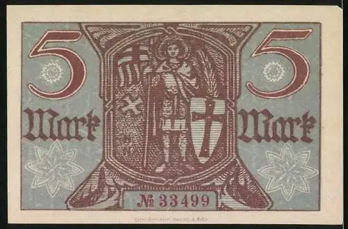 Notgeld Eisenach 1918, 5 Mark, Kriegsnotgeld mit Ritterabbildung und Siegel