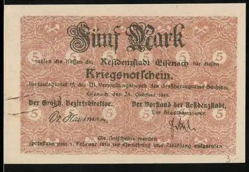 Notgeld Eisenach 1918, 5 Mark, Kriegsnotgeldschein mit Stadtwappen und Seriennummer 33058