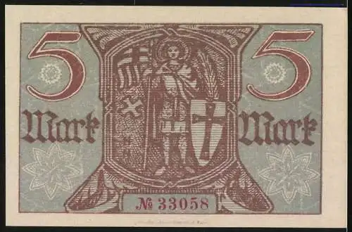 Notgeld Eisenach 1918, 5 Mark, Kriegsnotgeldschein mit Stadtwappen und Seriennummer 33058