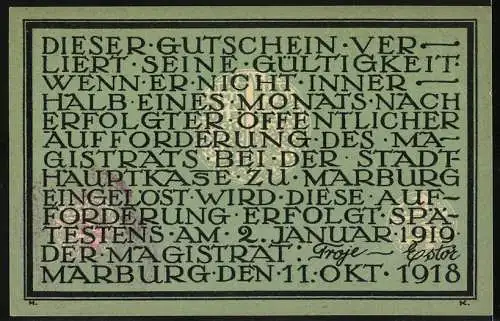 Notgeld Marburg, 1918, 10 Mark, Stadtansicht und Gültigkeitshinweis