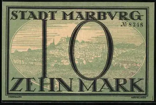 Notgeld Marburg, 1918, Zehn Mark, Stadtansicht und Einlösungstext