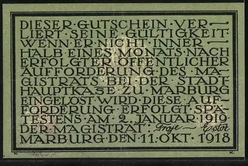 Notgeld Marburg, 1918, Zehn Mark, Stadtansicht und Einlösungstext