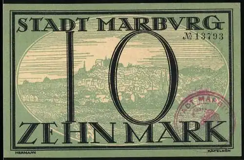 Notgeld Marburg, 1918, 10 Mark, Gutschein mit Stadtansicht und Rückseite mit Gültigkeitserklärung