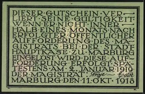 Notgeld Marburg, 1918, 10 Mark, Gutschein mit Stadtansicht und Rückseite mit Gültigkeitserklärung