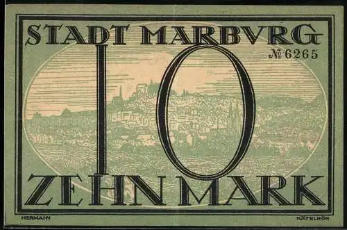 Notgeld Marburg, 1918, 10 Mark, Stadtansicht und Text über Gültigkeit