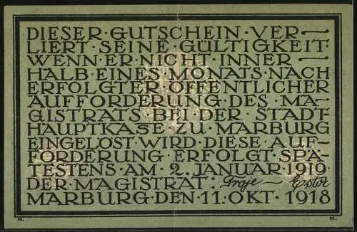 Notgeld Marburg, 1918, 10 Mark, Stadtansicht und Text über Gültigkeit