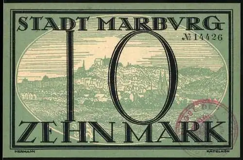 Notgeld Marburg 1918, 10 Mark, Stadtansicht und Gutscheintext