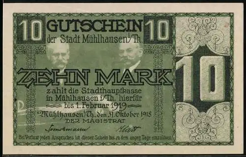 Notgeld Mühlhausen / Th., 1918, 10 Mark, Vorderseite Porträts und Rückseite Jüngeres Frauentor und Rathaus
