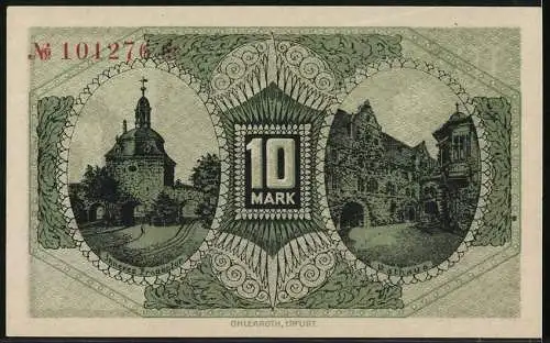 Notgeld Mühlhausen / Th., 1918, 10 Mark, Vorderseite Porträts und Rückseite Jüngeres Frauentor und Rathaus