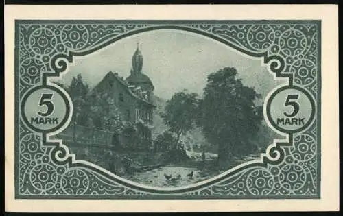 Notgeld Mosbach 1918, 5 Mark, Landschaft mit Kirche und Fluss, Seriennummer 067761