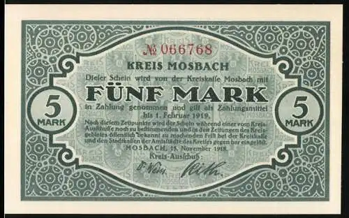 Notgeld Mosbach, 1918, 5 Mark, grüne Verzierung mit Gebäude und Naturmotiv