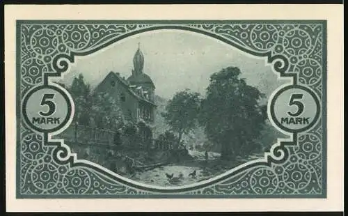 Notgeld Mosbach, 1918, 5 Mark, grüne Verzierung mit Gebäude und Naturmotiv