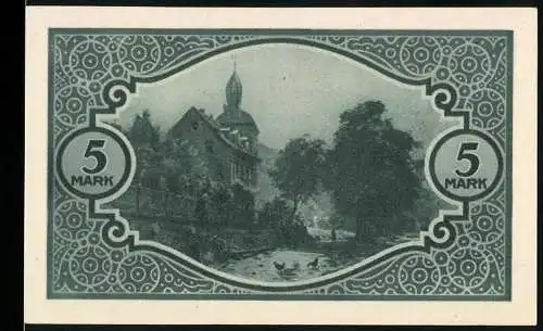 Notgeld Mosbach, 1918, 5 Mark, Landschaftsvignette mit Kirche und Fluss, Seriennummer 023572