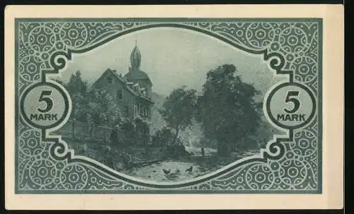 Notgeld Mosbach 1918, 5 Mark, Vorderseite mit Text und Rückseite mit Landschaft und Gebäude