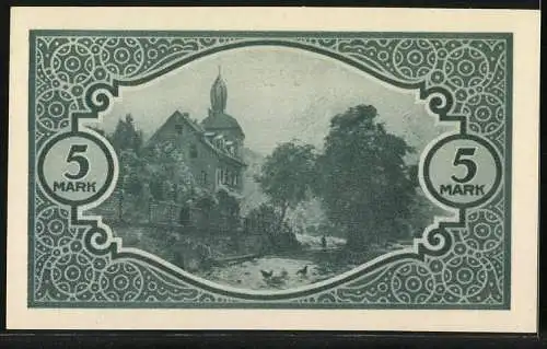 Notgeld Mosbach 1918, 5 Mark, Vorderseite Text und Rückseite Landschaft mit Kirche