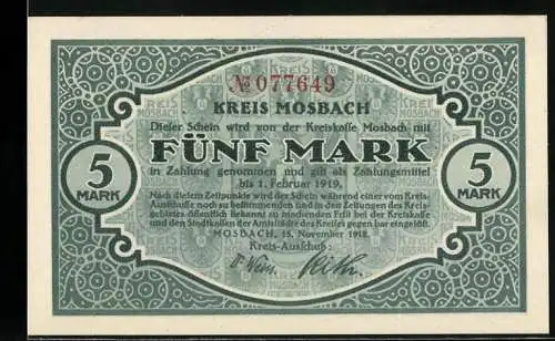 Notgeld Mosbach 1918, 5 Mark, grüne Verzierungen mit Landschaftsbild und Enten auf Rückseite