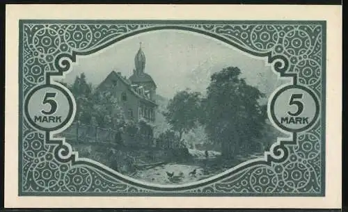 Notgeld Mosbach 1918, 5 Mark, grüne Verzierungen mit Landschaftsbild und Enten auf Rückseite