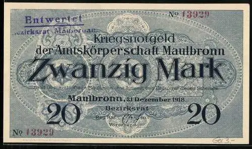 Notgeld Maulbronn 1918, 20 Mark, Kriegsnotgeld der Amtskörperschaft, Entwertet, Landschaftsansicht