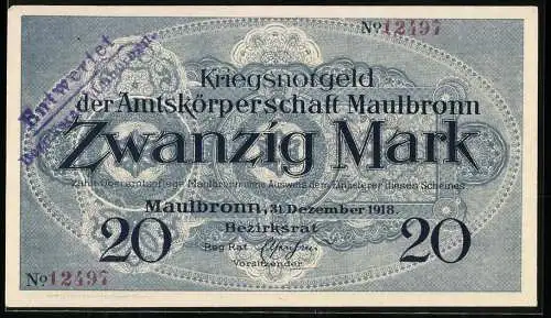 Notgeld Maulbronn 1918, 20 Mark, Kriegsnotgeld der Amtsköperschaft Maulbronn, Landschaftsansicht