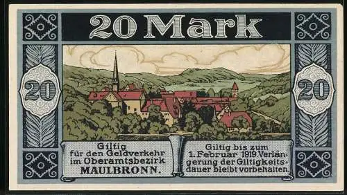 Notgeld Maulbronn 1918, 20 Mark, Kriegsnotgeld der Amtsköperschaft Maulbronn, Landschaftsansicht