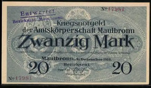 Notgeld Maulbronn 1918, 20 Mark, Kriegsnotgeld der Amtskörperschaft Maulbronn, Kloster Maulbronn Illustration