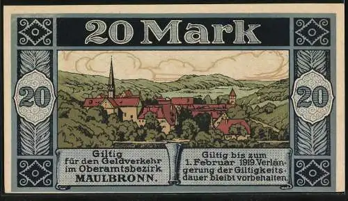 Notgeld Maulbronn 1918, 20 Mark, Kriegsnotgeld der Amtskörperschaft Maulbronn, Kloster Maulbronn Illustration