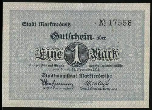 Notgeld Marktredwitz 1918, 1 Mark, Gutschein über eine Mark mit Stadtwappen und historischen Symbolen