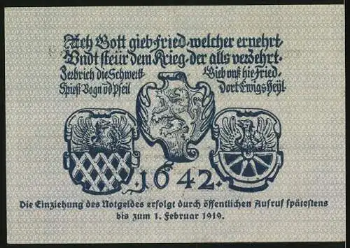 Notgeld Marktredwitz 1918, 1 Mark, Gutschein über eine Mark mit Stadtwappen und historischen Symbolen