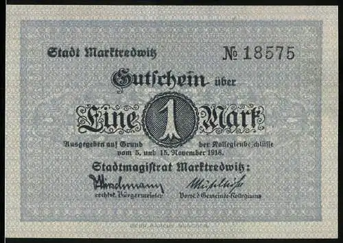 Notgeld Marktredwitz 1918, 1 Mark, Gutschein mit Stadtwappen und Spruch auf der Rückseite