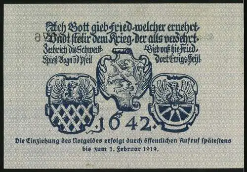 Notgeld Marktredwitz 1918, 1 Mark, Gutschein mit Stadtwappen und Spruch auf der Rückseite