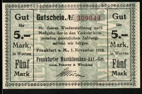 Notgeld Frankfurt 1918, 5 Mark, Frankfurter Maschinenbau-Aktien-Gesellschaft vorm. Pokorny & Wittekind