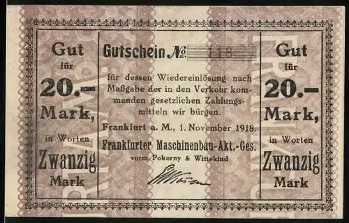 Notgeld Frankfurt a. M., 1918, 20 Mark, Frankfurter Maschinenbau-Akt.-Ges., braun, Seriennummer 119