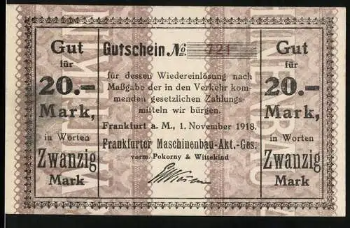 Notgeld Frankfurt am Main 1918, 20 Mark, Gutschein der Frankfurter Maschinenbau-Aktiengesellschaft