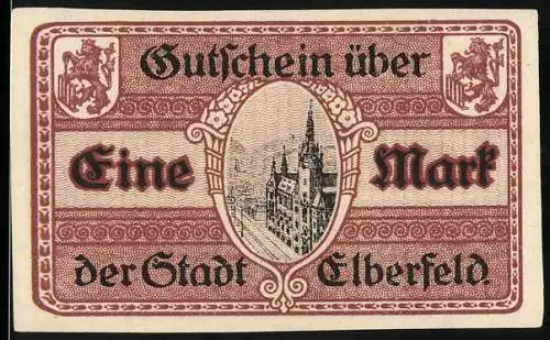 Notgeld Elberfeld, 1918, eine Mark, Gutschein über eine Mark der Stadt Elberfeld, Stadtansicht, Seriennummer F 13774