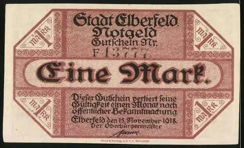 Notgeld Elberfeld, 1918, eine Mark, Gutschein über eine Mark der Stadt Elberfeld, Stadtansicht, Seriennummer F 13774