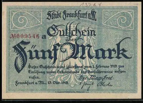 Notgeld Frankfurt am Main 1918, Fünf Mark, Gutschein mit Reiterdarstellung