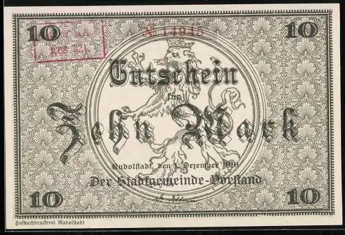 Notgeld Rudolstadt, 1918, 10 Mark, Löwenwappen und puttige Kinder mit Früchten